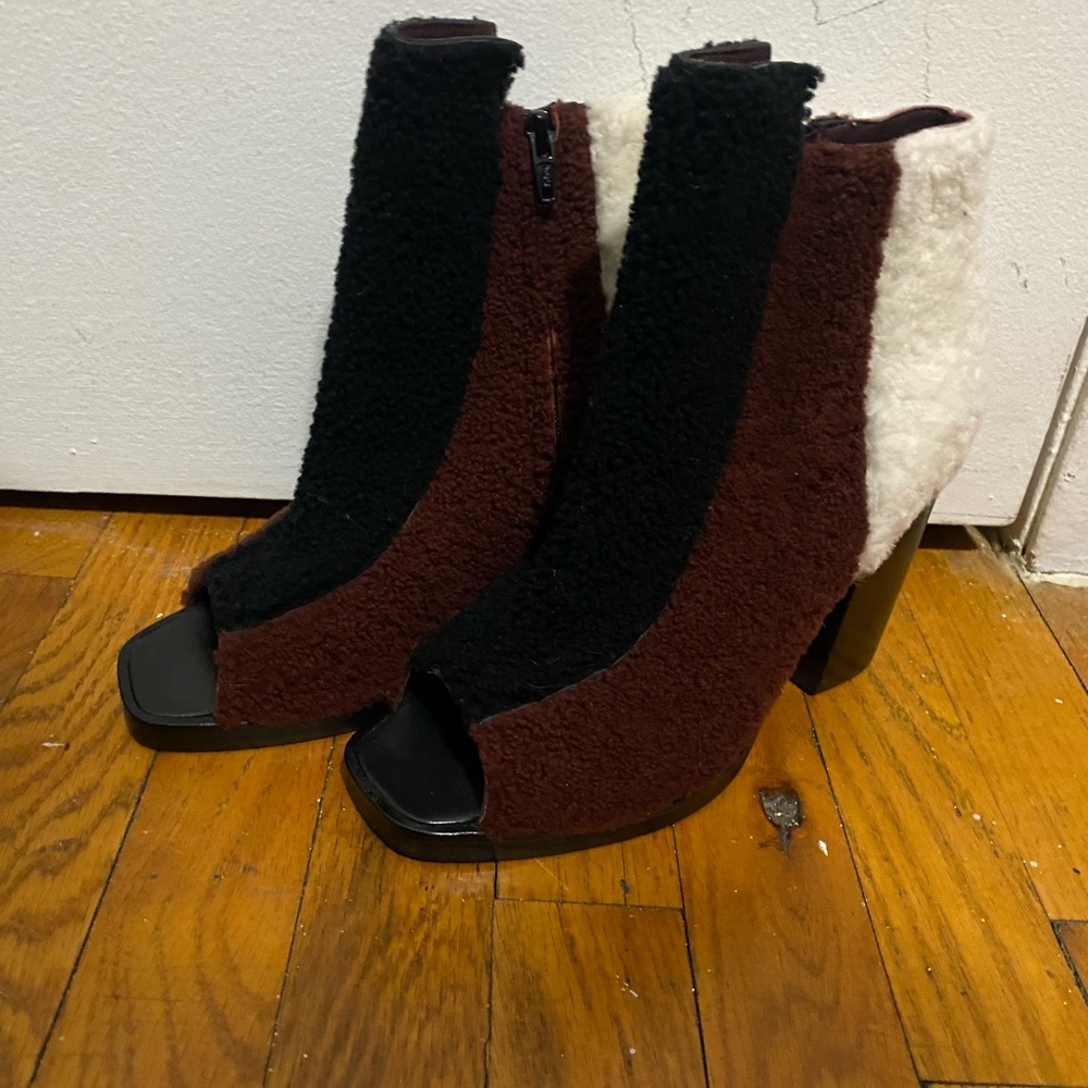 Opening Ceremony Black, Brown, and Cream Heeled Sherpa Boots